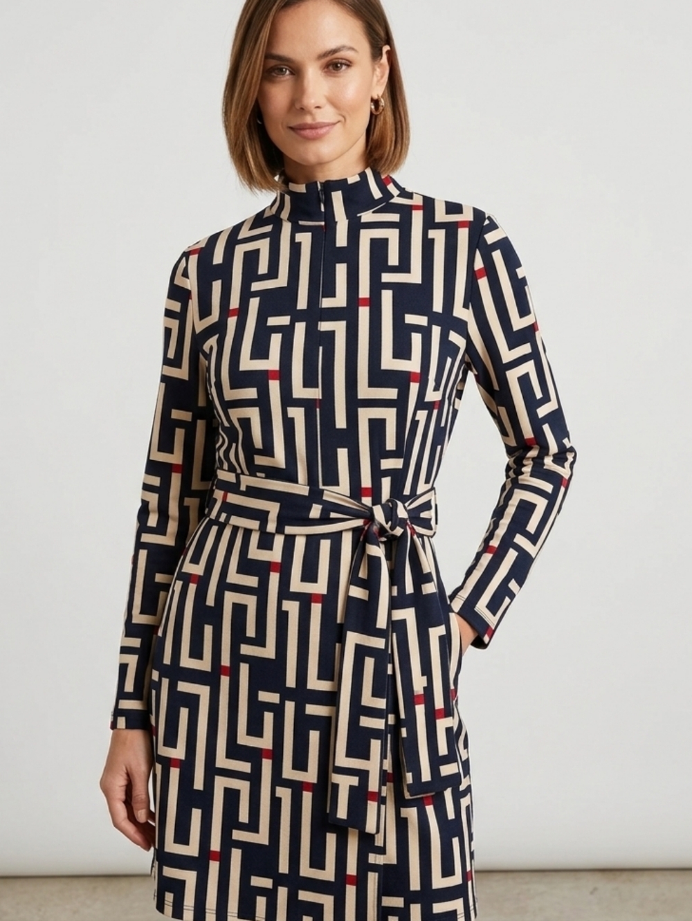 Fashion Nova Navy and Cream Geometric Long-Sleeve Tie-Waist Dress
